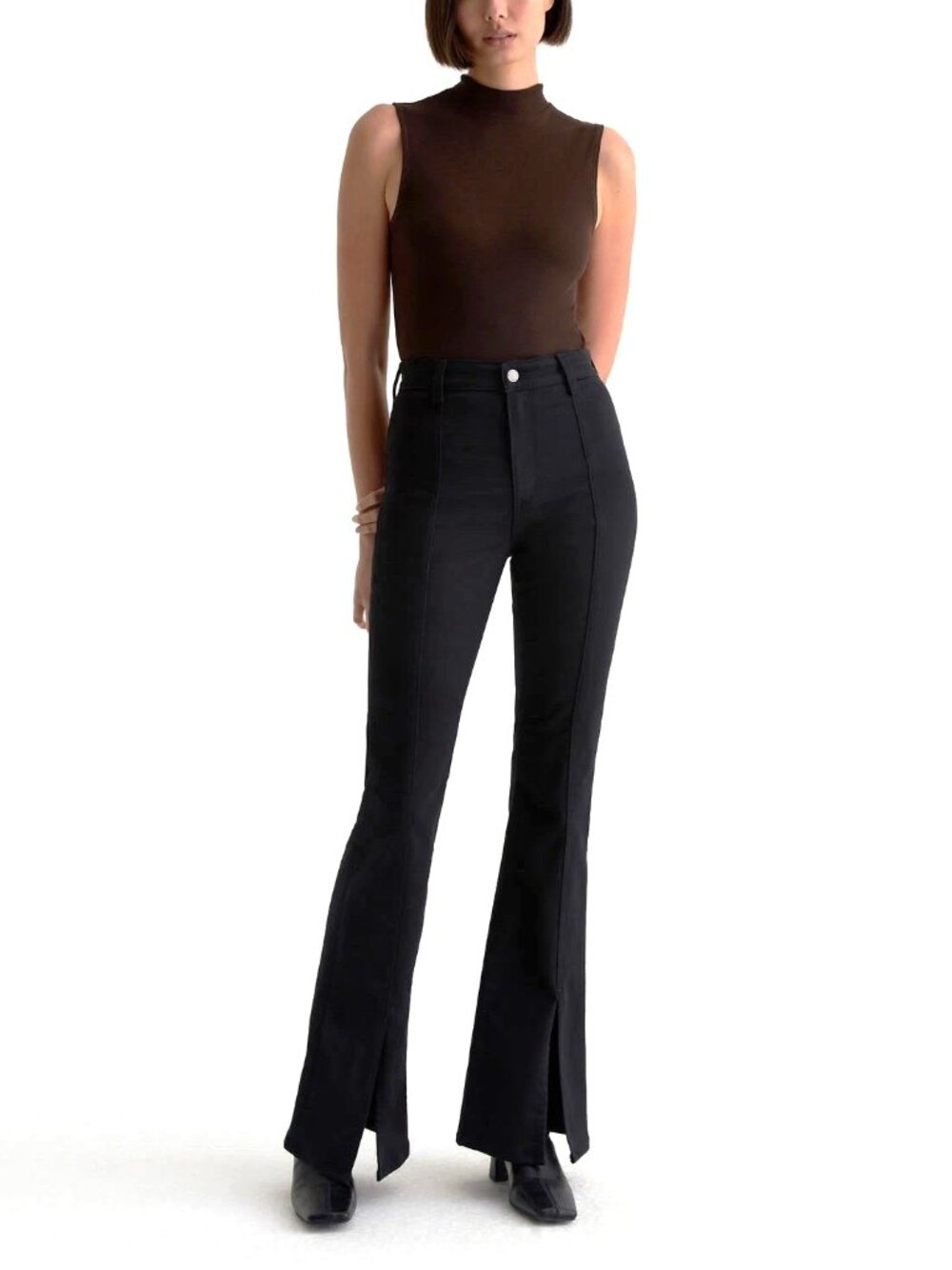 New AG ANISTEN High Rise Boot Cut Jeans Front Seams Slits Mureau Black Size 26